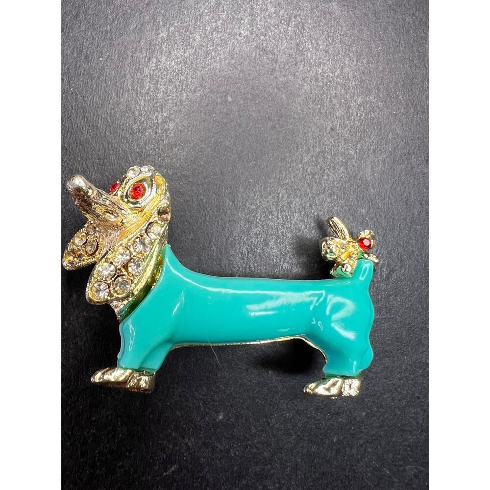 Vintage Gold Tone Dachshund Brooch Turquoise Lucite Rhinestones